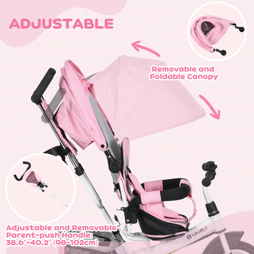 6 In 1 Kids Trike With Parent Handle, Canopy, 5-point Safety Belt, Storage, Footrest, Brake, For 1-5 Years, Pink - Triple D lifestyle & beauty 2