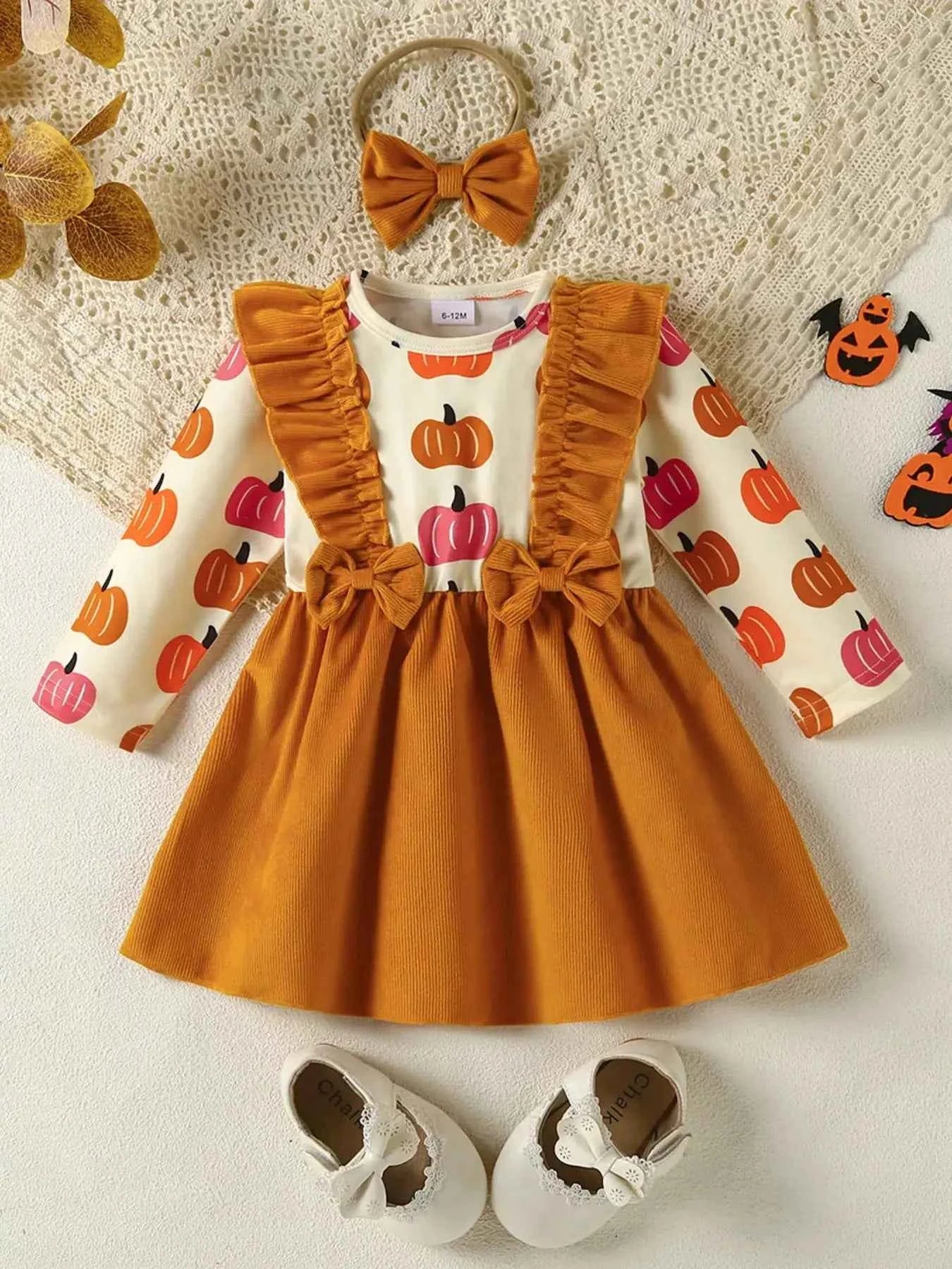 Children's Pumpkin Print Ruffle Dress with Bow Headband