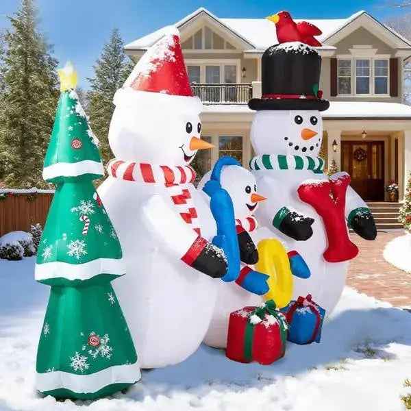 8FT Lighted Christmas Inflatable Decoration, Inflatable Snowman Family With JOY And Xmas Tree, Funny Blow Up Yard Decorations With Built-in LED Lights For Holiday Party Front Yard Lawn Garden Decor