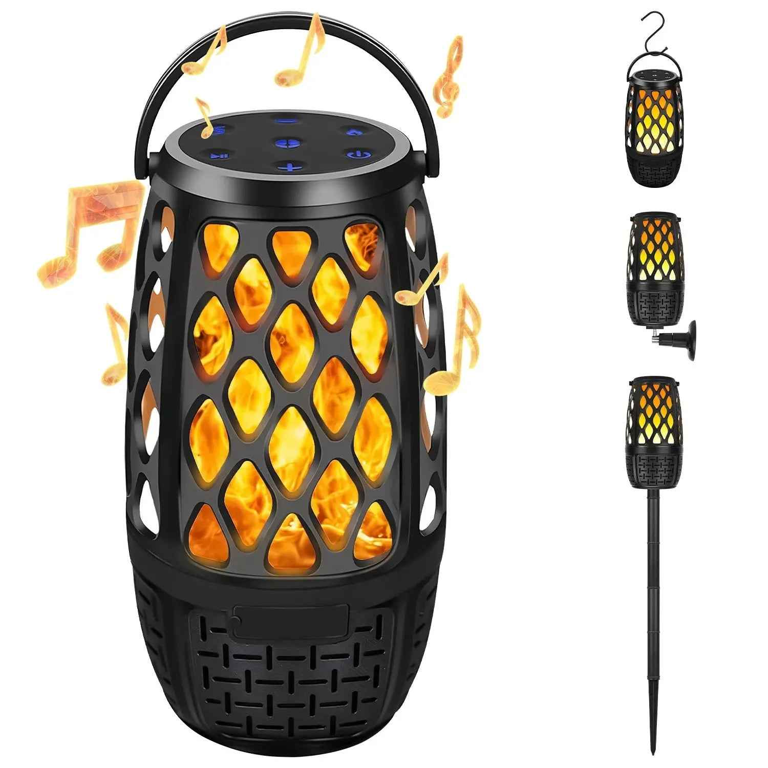 1Pc 4 In 1 Wireless 5.3 Outdoor Speaker IPX5 Waterproof Patio Speaker LED Flame Speaker With 3 Flame Light Modes Hook Stake Wall Mount Holder Sync Up To 1,00 Speakers
