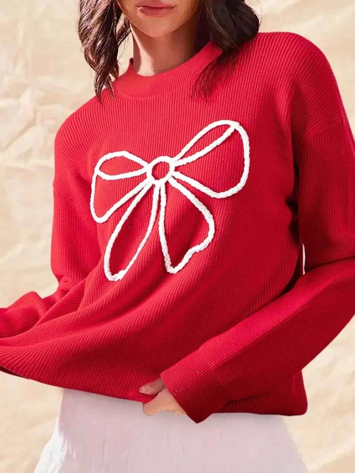Bow-Embellished Ribbed Sweater