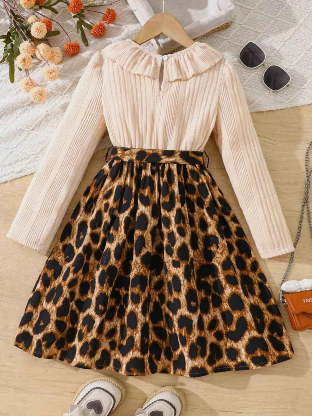 Children's Leopard Print Ruffle Collar Long Sleeve Dress