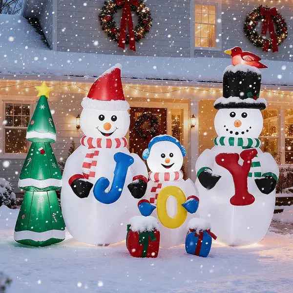 8FT Lighted Christmas Inflatable Decoration, Inflatable Snowman Family With JOY And Xmas Tree, Funny Blow Up Yard Decorations With Built-in LED Lights For Holiday Party Front Yard Lawn Garden Decor