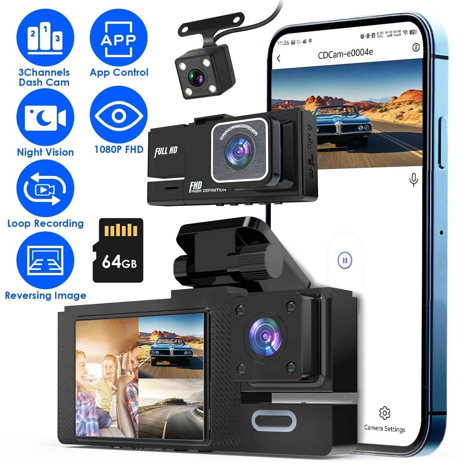 1Pc WiFi FHD 1080P Car Dash Cam 3 Channels Front Rear Inside Dash Camera With Loop Recording Reversing Image Night Vision 170 Degree Wide Angle Support 64G MMC Card Included