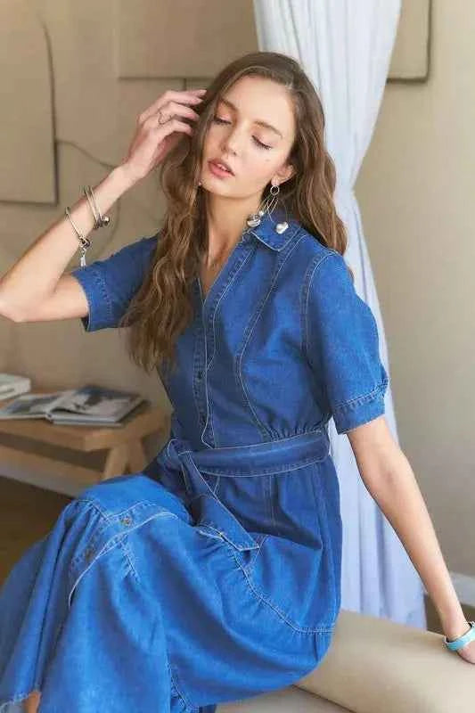 ADORA Tiered Button Down Tie Waist Short Sleeve Denim Dress