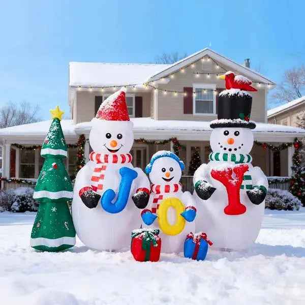 8FT Lighted Christmas Inflatable Decoration, Inflatable Snowman Family With JOY And Xmas Tree, Funny Blow Up Yard Decorations With Built-in LED Lights For Holiday Party Front Yard Lawn Garden Decor
